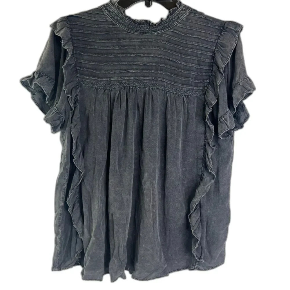 Mustard Seed Top Ruffle Pintuck Acid Wash Boho Peasant Cottage Grunge Size Small